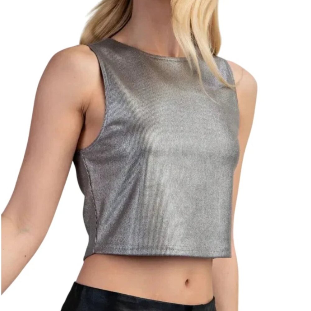 Women's Silver Metallic Sleeveless Ribbed Cropped Crop Tank Top, Size: XS